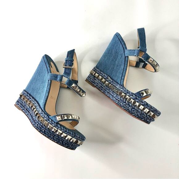 Christian Louboutin Cataclou 140 Jeans Silvers Studded Wedge Platform Sandals 37 - Picture 7 of 13